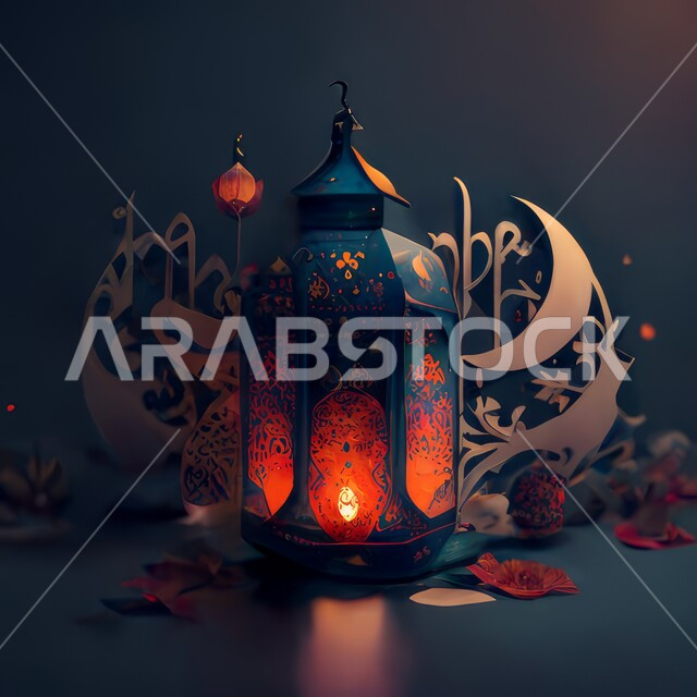 فانوس رمضان المضيء مع خلفية زخرفية، ديكورات وزينة شهر رمضان، فانوس عربي تقليدي، اضاءة رمضان، الاحتفال بقدوم شهر رمضان المبارك، اجواء رمضانية