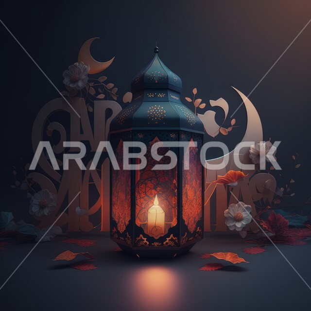 Luminous Ramadan lantern with a decorative background, Ramadan decorations and decorations, traditional Arabic lantern, Ramadan lighting, celebration of the advent of the blessed month of Ramadan, Ramadan atmosphere