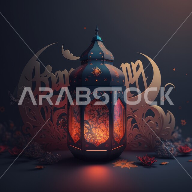 فانوس رمضان المضيء مع خلفية زخرفية، ديكورات وزينة شهر رمضان، فانوس عربي تقليدي، اضاءة رمضان، الاحتفال بقدوم شهر رمضان المبارك، اجواء رمضانية