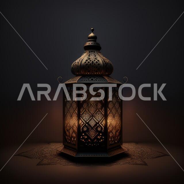 A metal lamp with creative designs, the luminous Ramadan lantern, decorations and decorations for the month of Ramadan, a traditional Arabic lantern, Ramadan lighting, the celebration of the advent of the blessed month of Ramadan, a Ramadan atmosphere