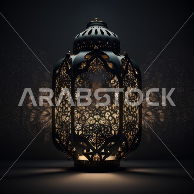 Luminous Ramadan lantern, Islamic designs, metal lamp with creative designs, Ramadan decorations and decorations, traditional Arabic lantern, Ramadan lighting, celebrating the advent of the blessed month of Ramadan, Ramadan atmosphere