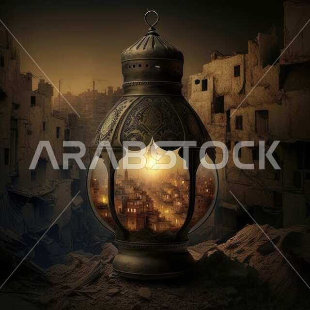 فانوس رمضان المضيء مع خلفية المنازل المحطمة، مصباح معدني بتصاميم ابداعية، ديكورات وزينة شهر رمضان، فانوس عربي تقليدي، اضاءة رمضان، الاحتفال بقدوم شهر رمضان المبارك، اجواء رمضانية