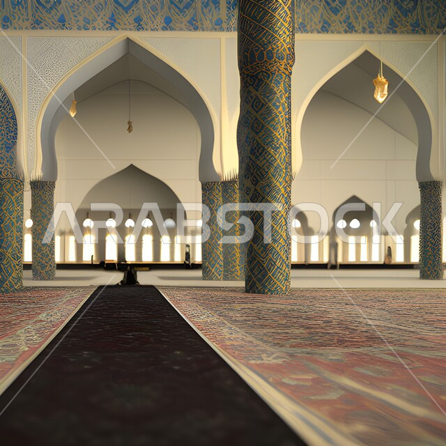 صورة مقربة لسجادة الصلاة داخل احد المساجد، تصاميم ابداعية، الزخرفة الإسلامية، الفن الهندسي المعماري، التصميم الداخلي للمسجد، اسلاميات وعبادة، اماكن اسلامية