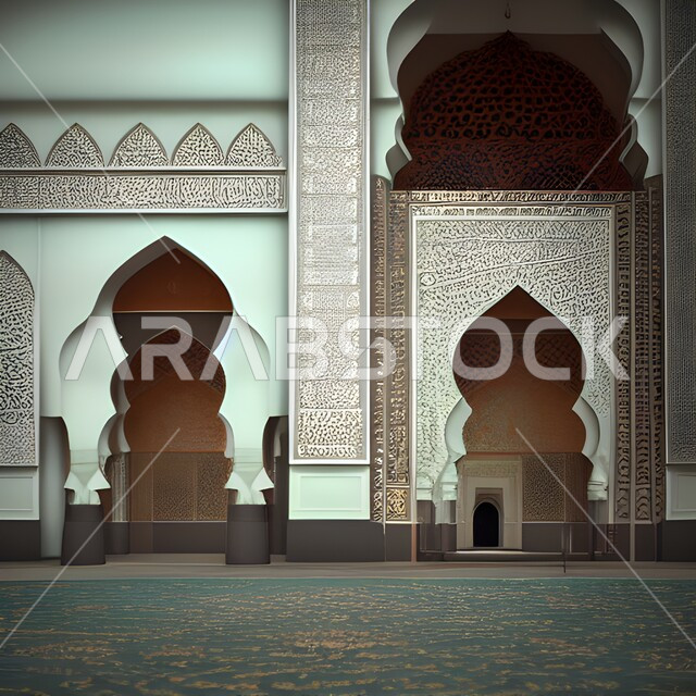 صورة ابداعية من داخل احد المساجد، سجادة الصلاة، تصاميم ابداعية، الزخرفة الإسلامية، الفن الهندسي المعماري، التصميم الداخلي للمسجد، اسلاميات وعبادة، اماكن اسلامية