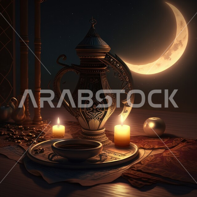 دلة قهوة بتصاميم ابداعية، كوب قهوة مع الشموع المضيئة ليلا، هلال رمضان، حبات البن على طبق زجاجي صغير، ديكورات وزينة شهر رمضان، الاحتفال بقدوم شهر رمضان المبارك، اجواء رمضانية