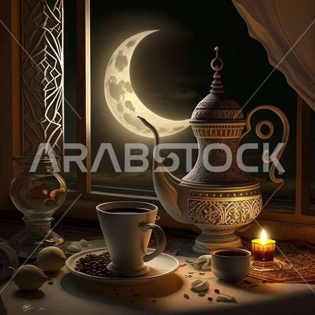 دلة قهوة بتصاميم ابداعية، كوب قهوة مع الشموع المضيئة ليلا، هلال رمضان، حبات البن على طبق زجاجي صغير، ديكورات وزينة شهر رمضان، الاحتفال بقدوم شهر رمضان المبارك، اجواء رمضانية