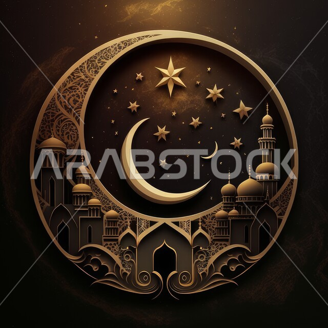 Islamic background of the crescent moon of Ramadan, creative 3D designs for an Islamic mosque, a group of glowing stars with the crescent moon, Islamic decorations, Ramadan decorations