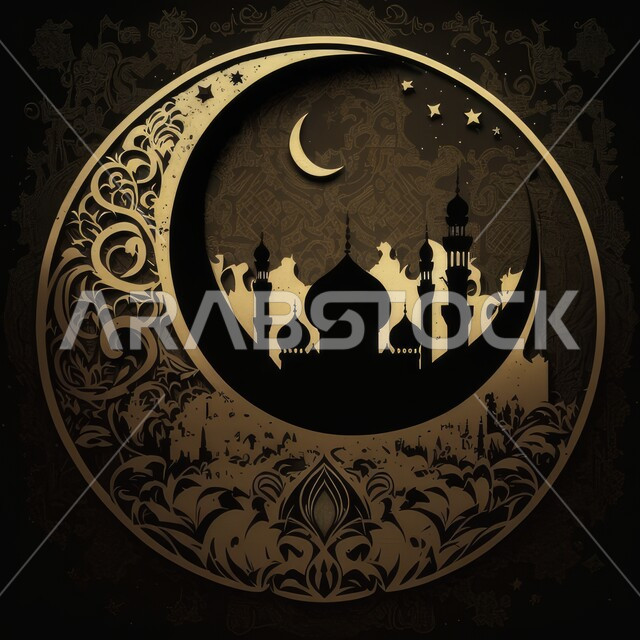 تصاميم ابداعية ثلاثية الأبعاد لمسجد إسلامي، هلال شهر رمضان، خلفية إسلامية، مجموعة من النجوم مع هلال القمر، زخارف اسلامية، ديكورات رمضانية، خلفية سوداء