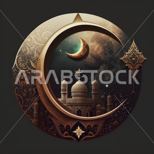 Islamic background of Ramadan crescent, 3D creative designs for an Islamic mosque, Islamic motifs and decorations, gray background