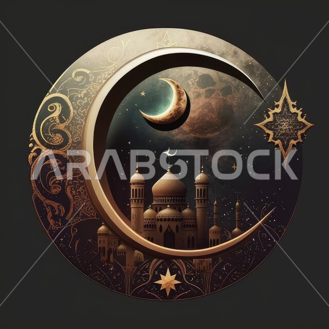 خلفية إسلامية لهلال شهر رمضان، تصاميم ابداعية ثلاثية الأبعاد لمسجد إسلامي، زخارف وديكورات اسلامية، خلفية رمادية