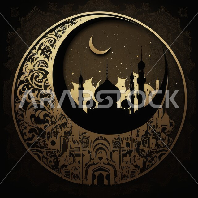 تصاميم ابداعية ثلاثية الأبعاد لمسجد إسلامي، هلال شهر رمضان، خلفية إسلامية، مجموعة من النجوم مع هلال القمر، زخارف اسلامية، ديكورات رمضانية، خلفية سوداء