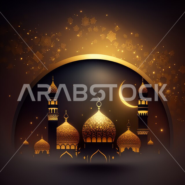 تصميم ثلاثي الأبعاد لمسجد إسلامي مضيء، خلفية إسلامية لهلال شهر رمضان، مجموعة من النجوم المتوهجة، زخارف وديكورات رمضانية، اجواء رمضانية