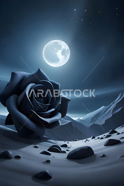 ضوء القمر مع النجوم في السماء ليلا، تصميم ثلاثي الابعاد للجبال والمرتفعات، خلفية وردة كبيرة مع الصخور والحجارة