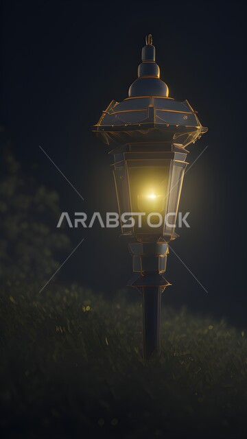 Night picture of a street lighting pole between trees and plants, a burning metal light, a luminous lamp, street lighting lamps at night
