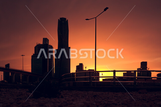 King Abdullah Financial District (KAFD) towers at sunset, towers and skyscrapers in Riyadh, Saudi Arabia, architectural art, famous towers and landmarks of Riyadh