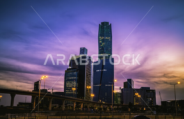 King Abdullah Financial District in Riyadh, Kingdom of Saudi Arabia after sunset, towers and skyscrapers, landmarks of Riyadh famous for the architectural art of Saudi Arabia
