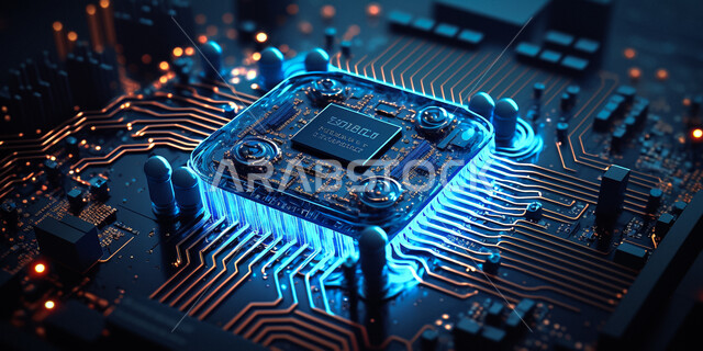 شريحة كمبيوتر مضيئة، شريحة الكترونية ثلاثية الابعاد، التطور الرقمي وتكنولوجيا المستقبل، اشباه الموصلات، خلفية رقمية مشعة