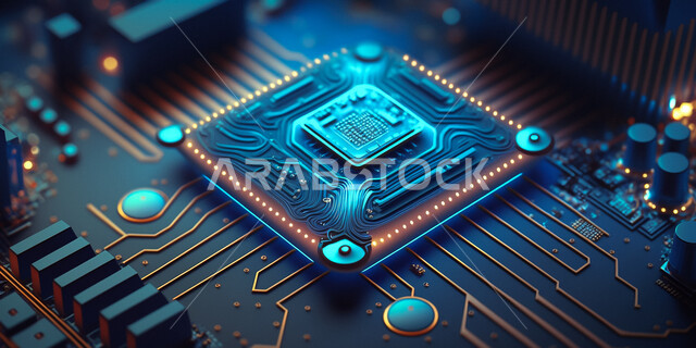 التطور الرقمي وتكنولوجيا المستقبل، شريحة الكترونية ثلاثية الابعاد، شريحة كمبيوتر مضيئة، اشباه الموصلات، خلفية رقمية مشعة