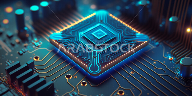 شريحة الكترونية ثلاثية الابعاد، التطور الرقمي وتكنولوجيا المستقبل، شريحة كمبيوتر مضيئة، اشباه الموصلات، خلفية رقمية مشعة