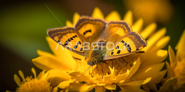 تصميم ثلاثي الابعاد لفراشة فوق الازهار الصفراء، حشرة الفراشة في الطبيعية، الذكاء الإصطناعي والتطور الرقمي، تكنولوجيا المستقبل الرقمي، خلفية الطبيعة