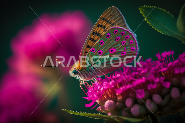 تصميم ثلاثي الابعاد لفراشة فوق الازهار الوردية، حشرة الفراشة في الطبيعية، الذكاء الإصطناعي والتطور الرقمي، تكنولوجيا المستقبل الرقمي، خلفية الطبيعة