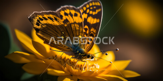 تصميم ثلاثي الابعاد لفراشة فوق الازهار الصفراء، حشرة الفراشة في الطبيعية، الذكاء الإصطناعي والتطور الرقمي، تكنولوجيا المستقبل الرقمي، خلفية الطبيعة