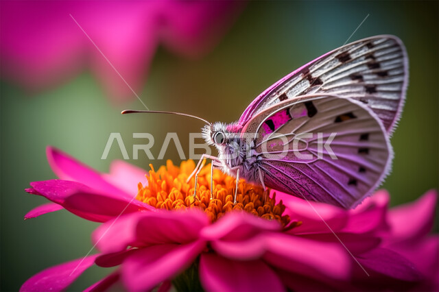 تصميم ثلاثي الابعاد لفراشة فوق الازهار الوردية، حشرة الفراشة في الطبيعية، الذكاء الإصطناعي والتطور الرقمي، تكنولوجيا المستقبل الرقمي، خلفية الطبيعة