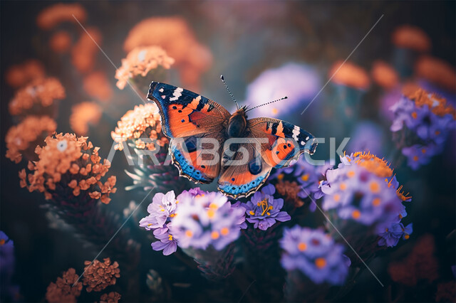 تصميم ثلاثي الابعاد لفراشة فوق الازهار، الذكاء الإصطناعي والتطور الرقمي، تكنولوجيا المستقبل الرقمي، حشرة الفراشة في الطبيعية، خلفية الطبيعة
