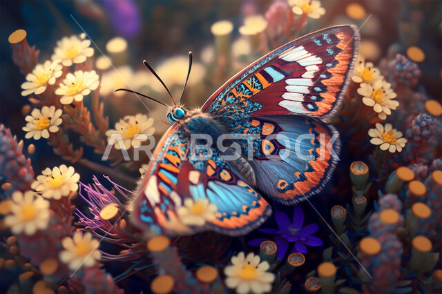تصميم ثلاثي الابعاد لفراشة فوق الازهار، الذكاء الإصطناعي والتطور الرقمي، تكنولوجيا المستقبل الرقمي، حشرة الفراشة في الطبيعية، خلفية الطبيعة