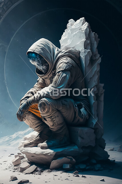 رائد فضاء يجلس على صخرة فوق سطح القمر، علم الفضاء والفلك، الفضاء الخارجي، تطور التقنية والتكنولوجيا، الذكاء الإصطناعي والتطور الرقمي، تكنولوجيا المستقبل
