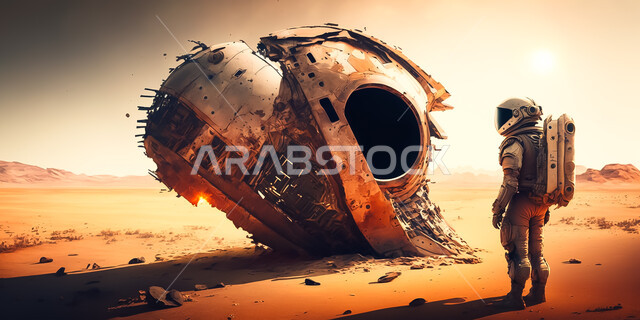 رائد فضاء يقف امام مركبة فضائية، علم الفضاء والفلك، سفينة فضاء ثلاثية الابعاد، تطور التقنية والتكنولوجيا، الذكاء الإصطناعي والتطور الرقمي، تكنولوجيا المستقبل