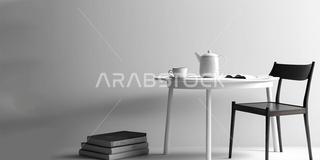 مكتب دراسة بتصاميم عصرية، غرفة مكتبية جذابة، كرسي خشبي اسود، مجموعة من الكتب مع كوب القهوة الساخنة، مشروبات ساخنة، مفهوم القراءة والدراسة، تصاميم وديكورات فاخرة