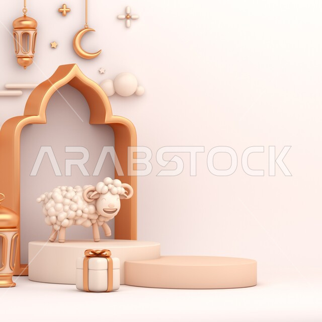 3D graphics, Eid al-Adha sheep, Ramadan crescent and lantern, gift box, holiday antiques and decorations, Eid al-Adha, decorative Islamic background
