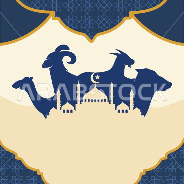 Islamic design template, greeting card and congratulations for Eid al-Adha, sheep and goats, crescent hanging over the dome of the mosque, Eid graphics and decorations, Eid al-Adha, decorative Islamic background