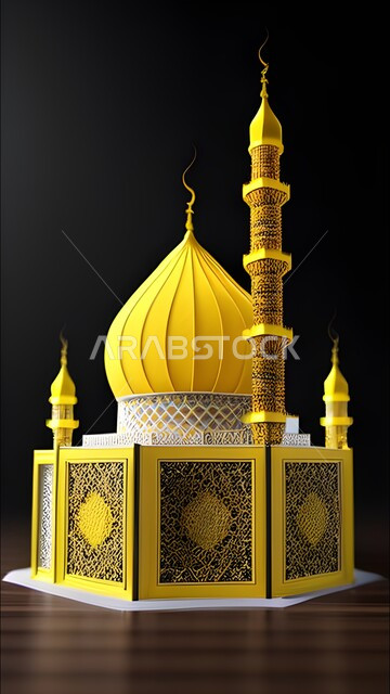 مجسم ثلاثي الابعاد لمسجد، ديكورات وتصاميم لمجسمات اسلامية، تحف ثلاثية الأبعاد خلفية سوداء
