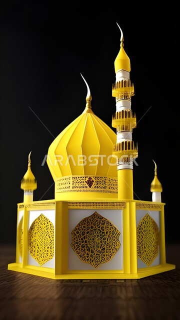 ديكورات وتصاميم لمجسمات اسلامية ، تحف ثلاثية الأبعاد خلفية سوداء ، مجسم ثلاثي الابعاد لمسجد