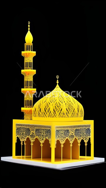 مجسم ثلاثي الابعاد لمسجد ، ديكورات وتصاميم لمجسمات اسلامية ، تحف ثلاثية الأبعاد خلفية سوداء