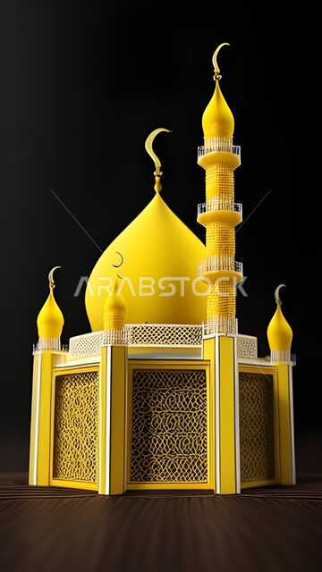 مسجد ثلاثي الأبعاد ، ديكورات وتصاميم لمجسمات اسلامية ، تحف ثلاثية الأبعاد خلفية سوداء