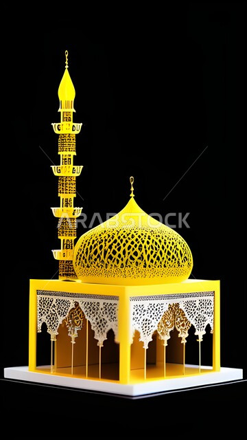 مجسمات ثلاثية الأبعاد ، ديكورات وتصاميم لمجسمات اسلامية ، مسجد ثلاثي الأبعاد خلفية سوداء