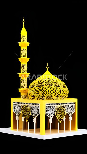 Decorations and designs for Islamic figures, three-dimensional figures, three-dimensional mosque, black background