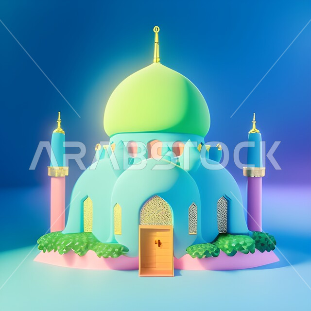 A three-dimensional model of a mosque with geometric designs, Islamic decorations and designs, Ramadan figures and artifacts, Ramadan backgrounds, Islamic and worship, colorful backgrounds