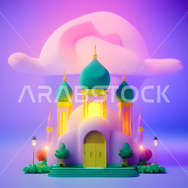 A three-dimensional model of a mosque with geometric designs, Islamic decorations and designs, Ramadan figures and artifacts, Ramadan backgrounds, Islamic and worship, colorful backgrounds
