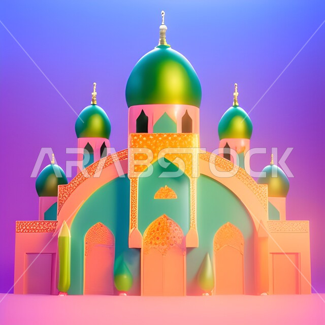 A three-dimensional model of a mosque with geometric designs, Islamic decorations and designs, Ramadan figures and artifacts, Ramadan backgrounds, Islamic and worship, colorful backgrounds