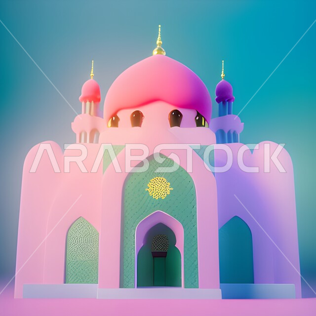 A three-dimensional model of a mosque with geometric designs, Islamic decorations and designs, Ramadan figures and artifacts, Ramadan backgrounds, Islamic and worship, pink backgrounds