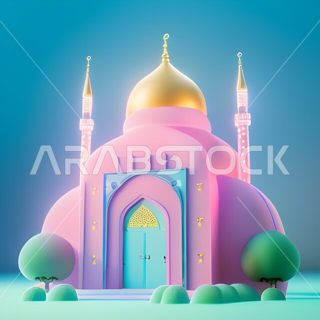 قالب ثلاثي الابعاد لمسجد بتصاميم هندسية ، ديكورات وتصاميم اسلامية، مجسمات وتحف رمضانية ، خلفيات رمضان ، اسلاميات وعبادة , خلفية زرقاء . 