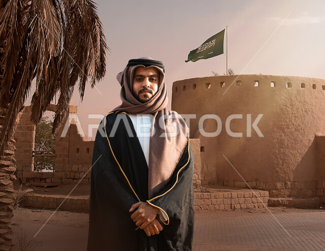 A Saudi Gulf Arab man wears a Saudi heritage costume for national occasions, Saudi founding day, the founding of the Kingdom 1727 AD, Saudi folk costumes, the flag of the Kingdom of Saudi Arabia, a historical heritage palace, ancient Arab architectural de