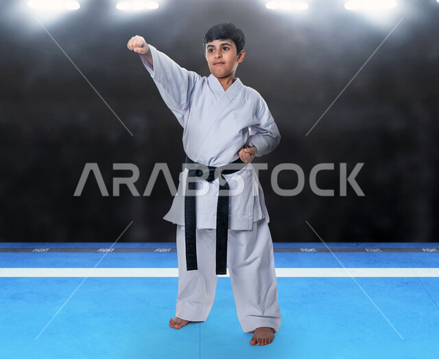 ولد خليجي سعودي عربي يرتدي زي الكاراتيه الأبيض مع الحزام الأسود ويقوم بممارسة رياضة الكاراتيه، تعلم رياضة التايكواندو، انشطة رياضية ترفيهية للأطفال، رياضة قتالية للدفاع عن النفس، صورة الجسم بالطول الكامل