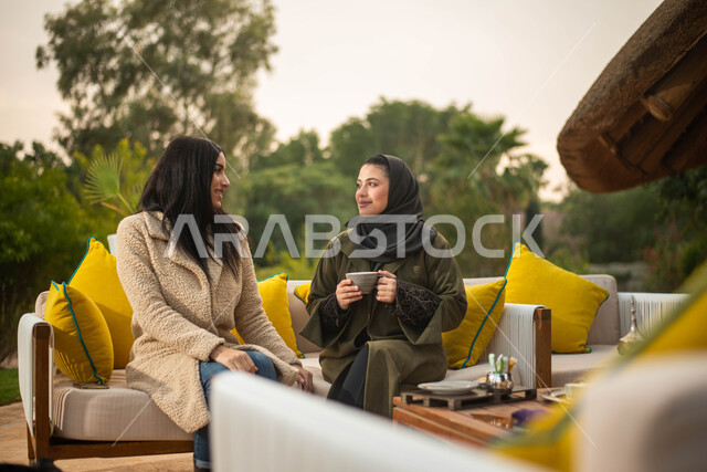 قضاء أوقات ممتعة في الطبيعة الخضراء والجلوس في الهواء الطلق ، صديقتان عربيتان خليجيتان سعوديتان تستمتعان بتبادل الحديث، صداقات وتعارف ونقاشات وحوارات
