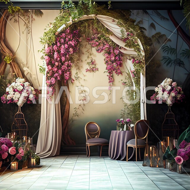 ازهار وورد الزينة في صالات الأعراس والزواج، قاعة ومنصة عرض افراح زواج بتصاميم فاخرة، كوش افراح بتصاميم وديكورات جذابة، احتفالات ومناسبات سعيدة، خلفية ازهار وورد العرس