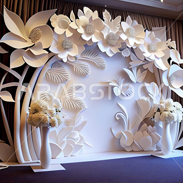 ازهار وورد الزينة في صالات الأعراس والزواج، قاعة ومنصة عرض افراح زواج بتصاميم فاخرة، كوش افراح بتصاميم وديكورات جذابة، احتفالات ومناسبات سعيدة، خلفية ازهار وورد العرس